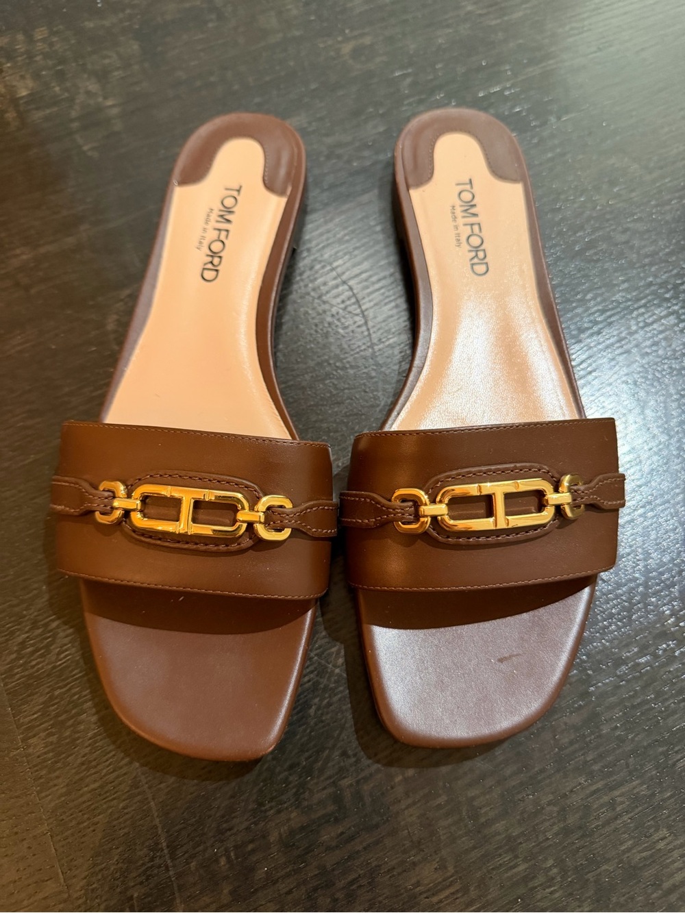Tom Ford Brown Leather Slide Sandals with Gold Chain Detail • Worn 1x• 38.5 ❤️